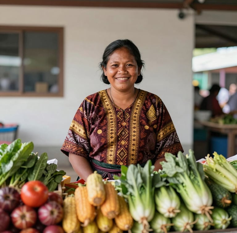 Warm editorial portrait of a Papuan female merchant smiling behind her colorful vegetable stall in a clean modern market, natural daylight, shallow depth of field, 35mm.