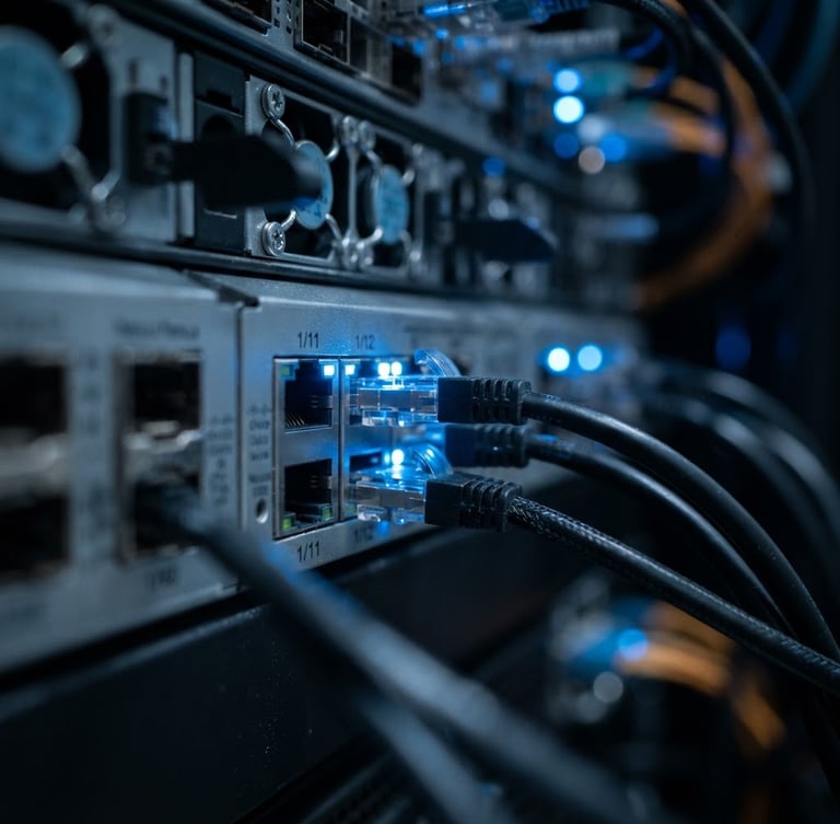Crisp macro photograph of a server rack with cool blue status lights reflecting on clean metallic ports, shallow depth of field