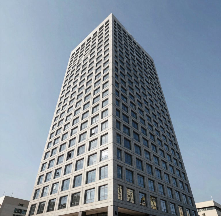 Wide-angle architectural view of a modern commercial office tower in Lusaka, sharp daylight, clean lines, professional atmosphere.