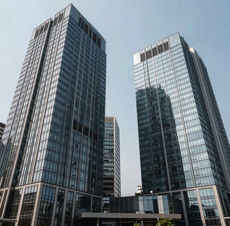 Wide-angle architectural view of modern glass commercial towers in Lusaka under sharp daylight, clean lines, professional atmosphere.