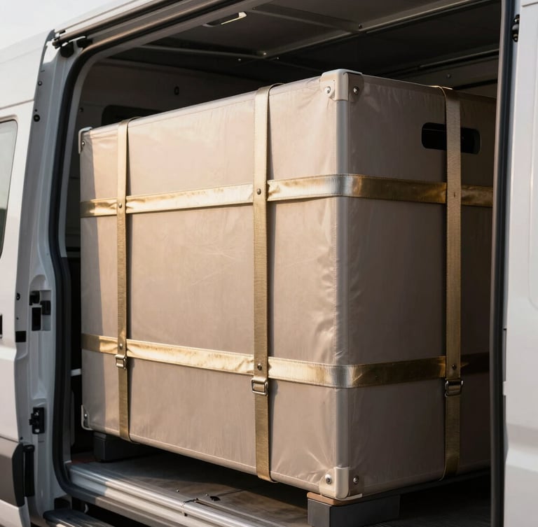 Close-up of secured high-value cargo inside a pristine, clean transport vehicle, soft warm champagne gold highlights on metallic straps, sharp focus, architectural daylight, 35mm