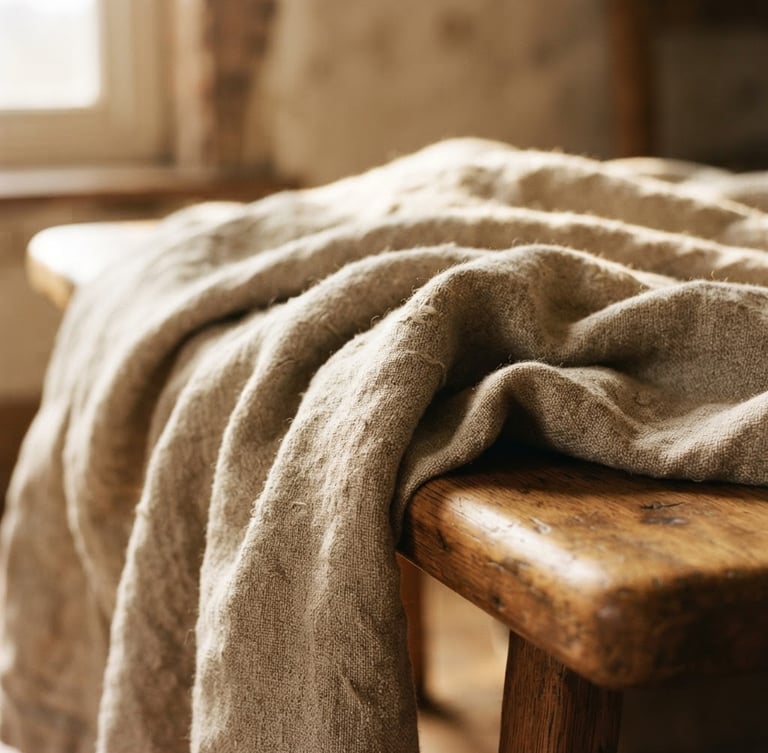Macro photograph of heavy-gauge Belgian linen blanket draped over a low-slung oak bench, soft morning window light, warm shadows