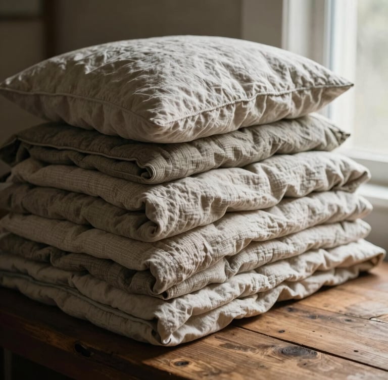 A stack of heavy organic cotton quilts and linen pillow covers on a rustic wooden table, warm low-contrast editorial photography, 35mm
