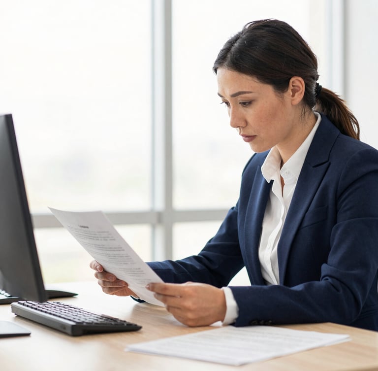 A professional consultant in a well-lit office environment reviewing loan documents, soft natural daylight, 35mm lens, high-trust editorial style.