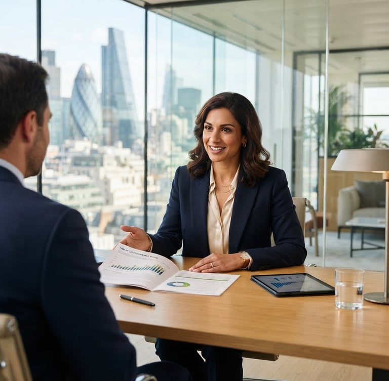 A professional financial consultant in a bright, modern glass-walled office, natural daylight, deep navy and warm cream tones, 35mm lens, sharp focus