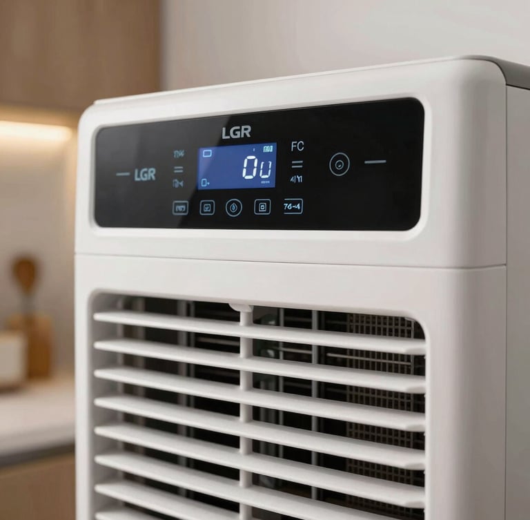 Macro shot of a high-performance LGR dehumidifier operating in a modern Manhattan kitchen, crisp lighting on digital control panel
