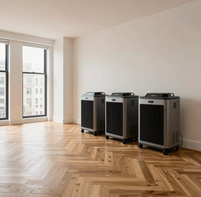 Architectural wide shot of a high-end Manhattan apartment with herringbone hardwood floors, heavy-duty industrial air movers and LGR dehumidifiers neatly positioned, bright clean lighting, no people.