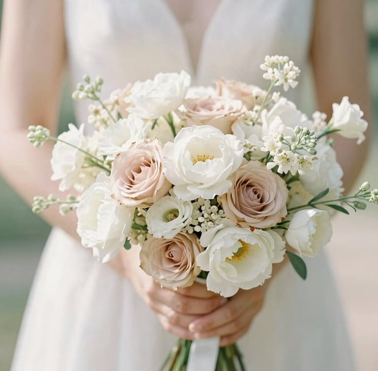 Airy editorial photography of a delicate bridal bouquet in warm white and champagne tones, soft natural daylight, shallow depth of field, elegant and serene.
