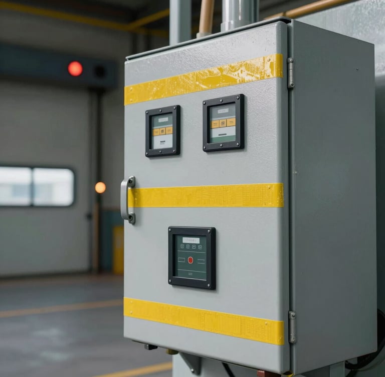 Close-up of a heavy-duty industrial control panel with safety yellow accents, mounted next to an active dock door with safety lights visible