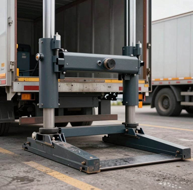 Straight-on elevation shot of a heavy-duty hydraulic dock leveler with a telescopic lip extended onto a freight truck bed, industrial environment