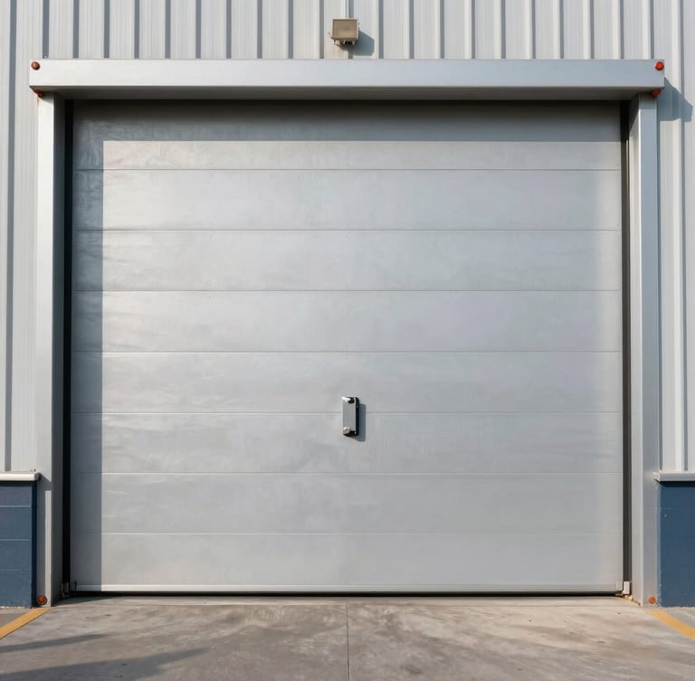 Straight-on elevation shot of a massive insulated sectional door installed in a modern logistics terminal, high-contrast architectural lighting.