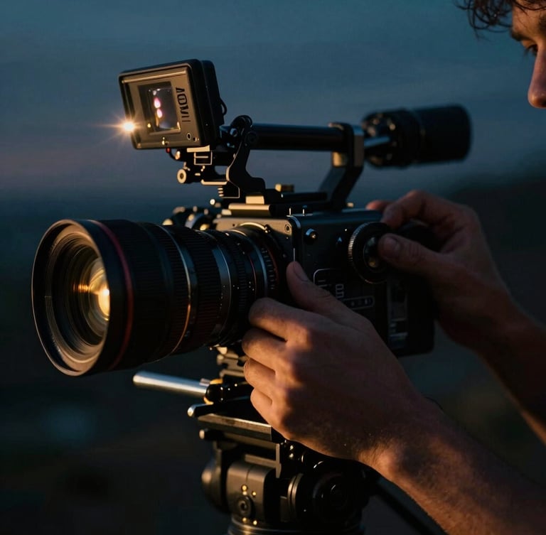 Close-up portrait shot of a film director's hands adjusting a focus wheel on a high-end cinema camera, low-light, dramatic key lighting, subtle anamorphic lens flare, deep shadows, 35mm film aesthetic, focus on the hands and lens.
