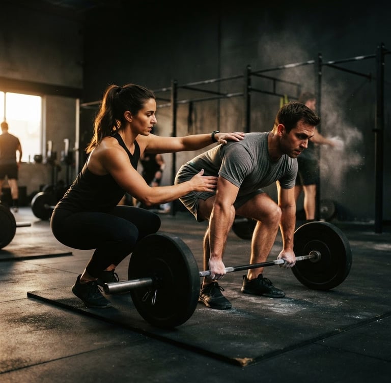 Dynamic low-angle portrait of a trainer correcting a member's deadlift posture, warm dramatic side lighting casting shadows, deep charcoal gym environment, sharp focus, 35mm lens