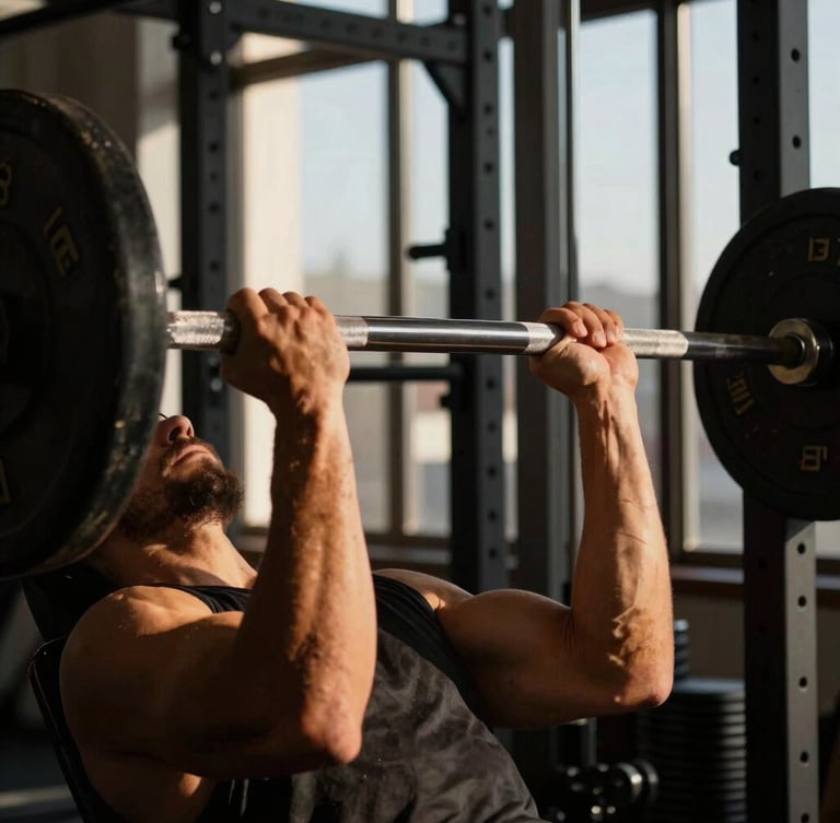 Dramatic action shot of a member lifting weights, side-lit window daylight casting sharp shadows, warm amber tones on skin, modern black steel equipment in background