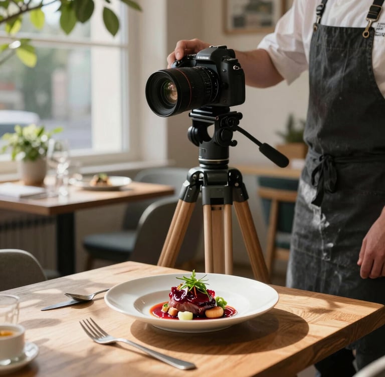 A professional camera on a wooden tripod in a sunlit Scandinavian restaurant, capturing a chef plating a dish, soft natural light, shadows of leaves, 35mm