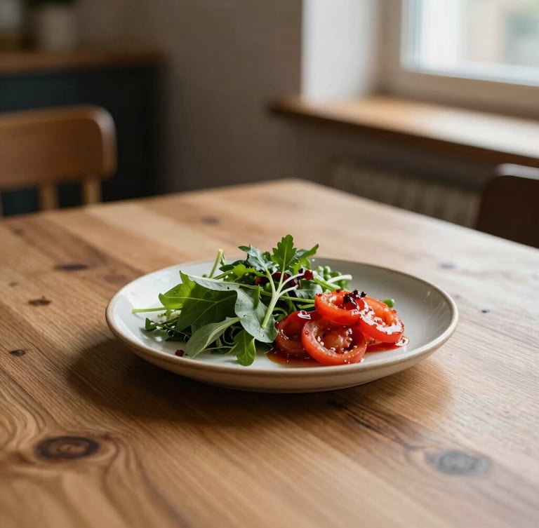 Warm editorial photography, soft natural northern light, a rustic Scandinavian restaurant wooden table with a single ceramic plate and fresh ingredients, 35mm