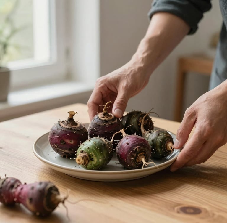 A professional photographer hands adjusting a ceramic plate of rustic root vegetables on a light oak table, soft morning window light, Scandinavian design aesthetic, 35mm