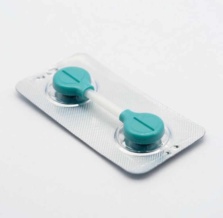 Macro shot of sealed medical device packaging under bright sterile white light, clean clinical photography, teal and white tones, sharp focus, 50mm