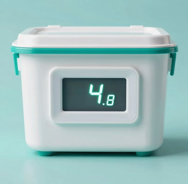 Close-up of a sealed medical transit container with a glowing digital temperature display showing 4 degrees Celsius, sterile teal background, clean clinical photography, bright neutral studio lighting, sharp focus