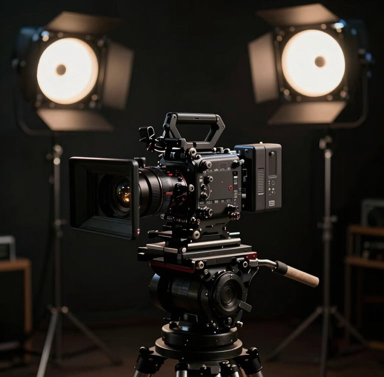 Cinematic low-key lighting on a premium film set, high-end cinema camera on a dolly in the foreground, soft key lights with deep shadows, rich dark tones, 35mm anamorphic lens