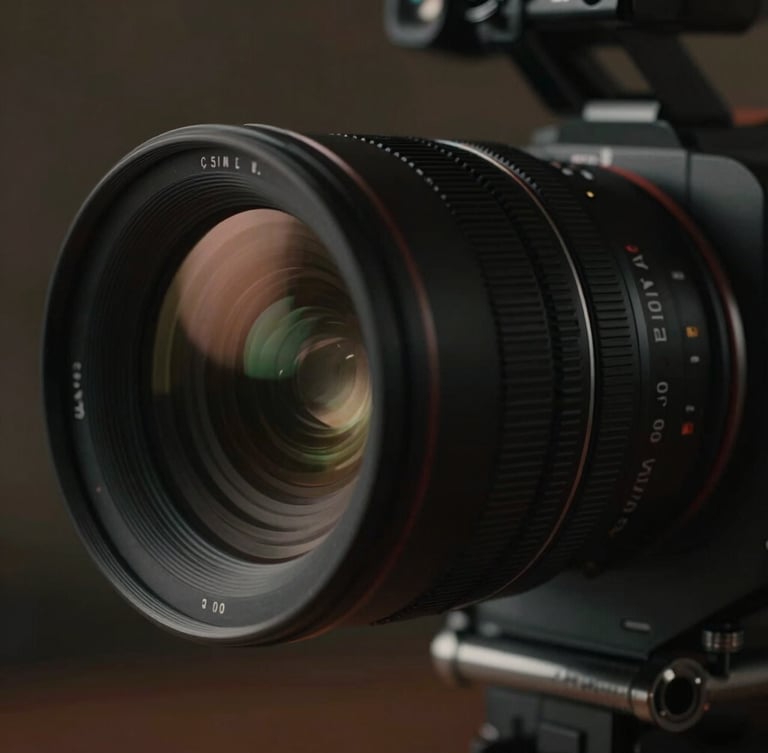 Cinematic close-up of a premium anamorphic camera lens on a dark, moody film set, soft side-lighting, rich charcoal tones.