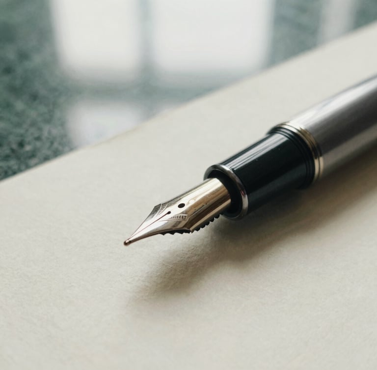 Macro detail of a vintage fountain pen resting on heavy cream paper, soft overcast window light, muted forest green tones, architectural shadows