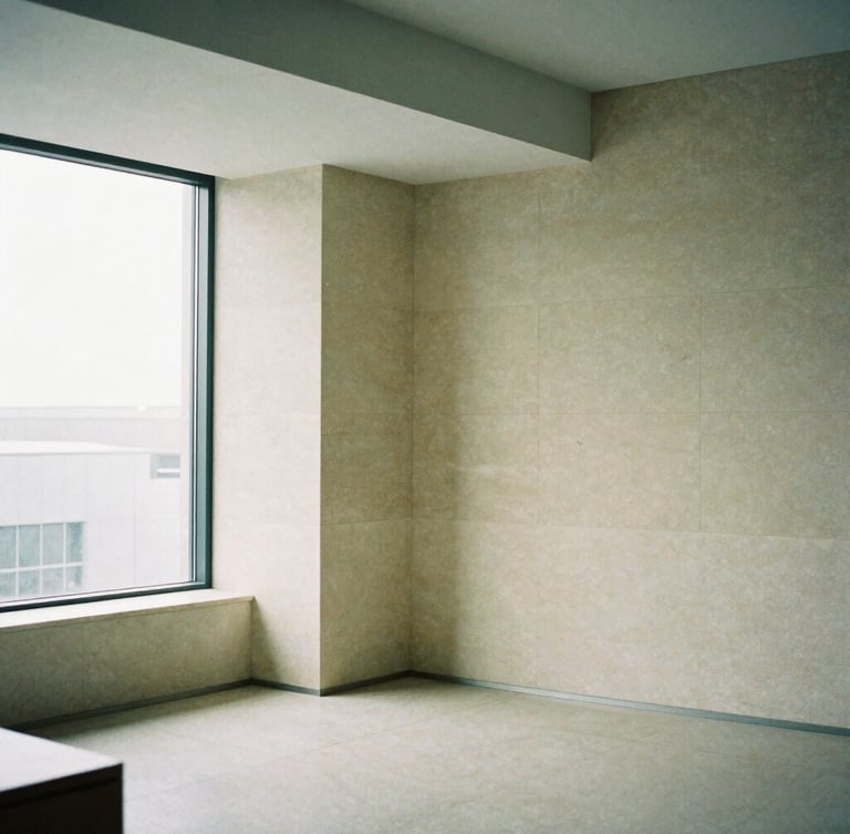 Architectural detail of a minimalist limestone office interior, clean geometric lines, soft diffused daylight, muted green shadows, editorial aesthetic.