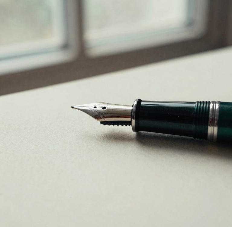 Macro close-up of a heavy fountain pen resting on textured cream paper, soft overcast window light, muted forest green tones, 35mm film style.