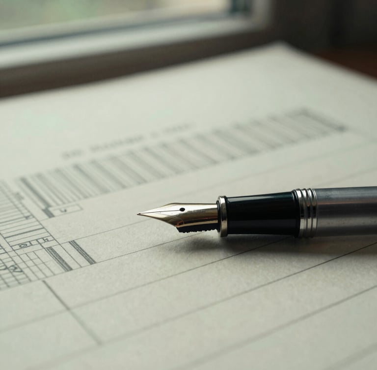 Macro detail of physical charts and a fountain pen on heavy cream paper, soft overcast daylight, muted forest green tones, editorial film photography