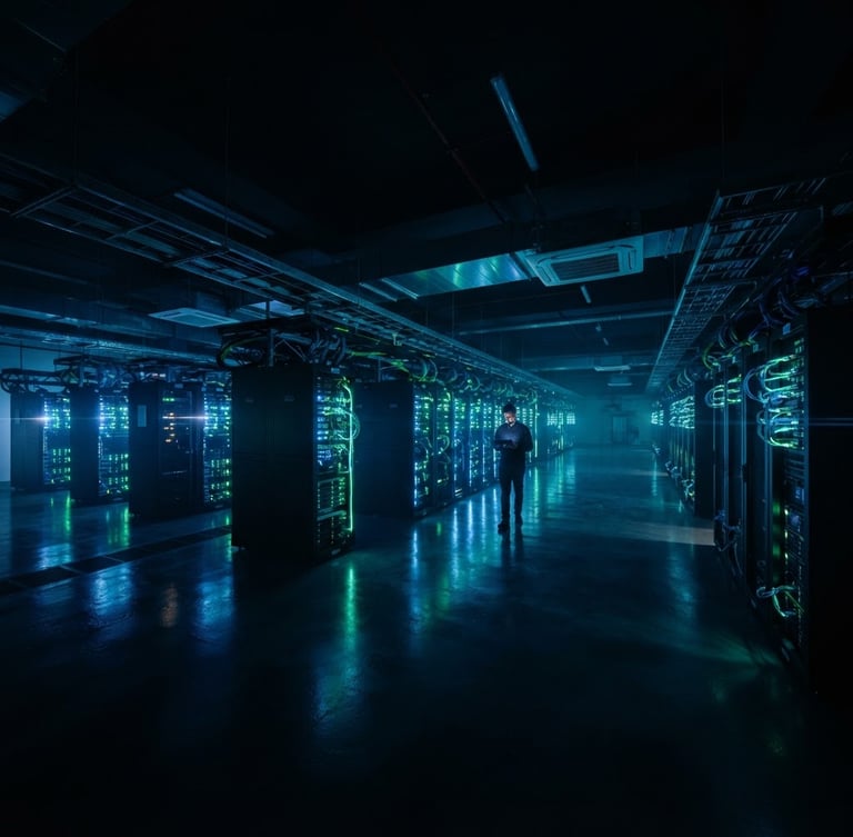 Wide panoramic shot of a sleek, modern server room with glowing blue and green data lines, low-key dramatic lighting, deep shadows, obsidian and emerald tones, 35mm anamorphic lens, sharp focus