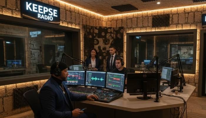 Professional radio broadcasters at Keepse Radio using digital mixing consoles and microphones in a recording studio.
