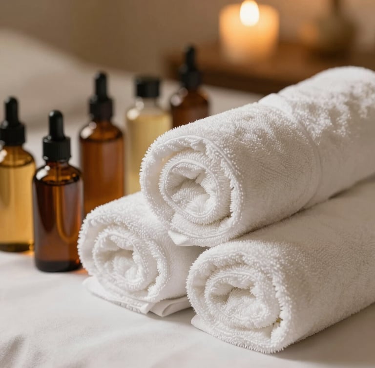Close-up of clean rolled white towels arranged neatly next to premium massage oils in amber glass bottles, warm soft ambient bedside lighting, luxury spa setup.
