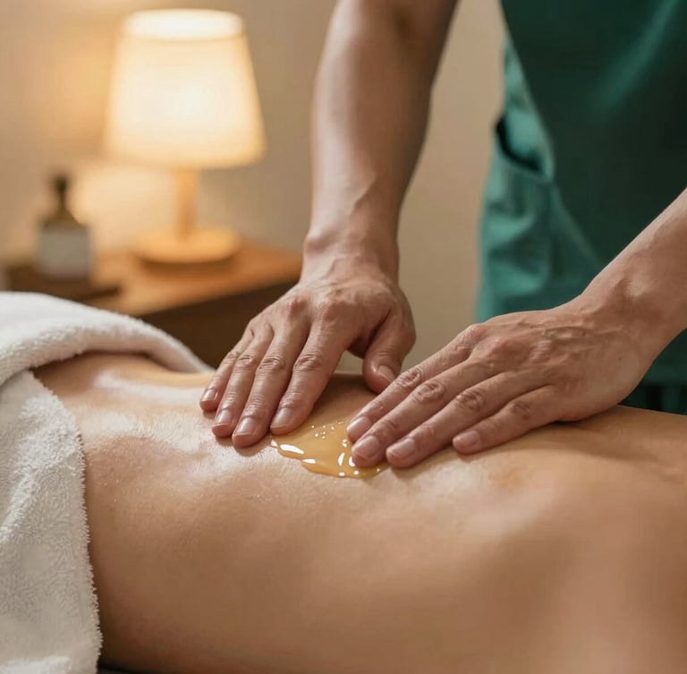 Close-up of a professional therapist hands applying smooth pressure with warm oil on a back, neat uniform sleeve visible, warm ambient bedside lamp lighting, shallow depth of field