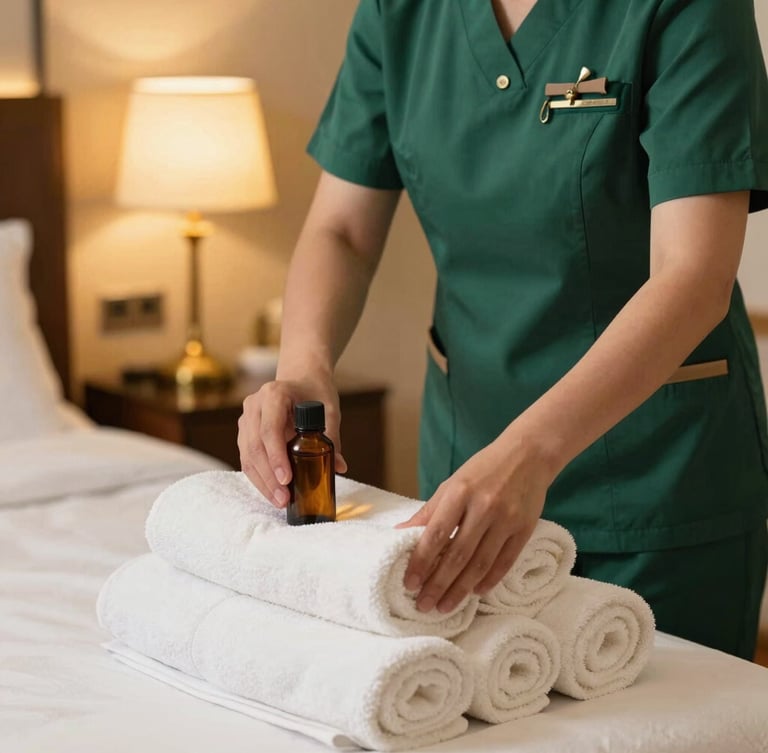 Close-up of a professional therapist in a neat emerald-green uniform arranging clean rolled white towels and amber oil bottles, soft warm bedside lighting, luxury hotel setting, elegant and safe atmosphere.