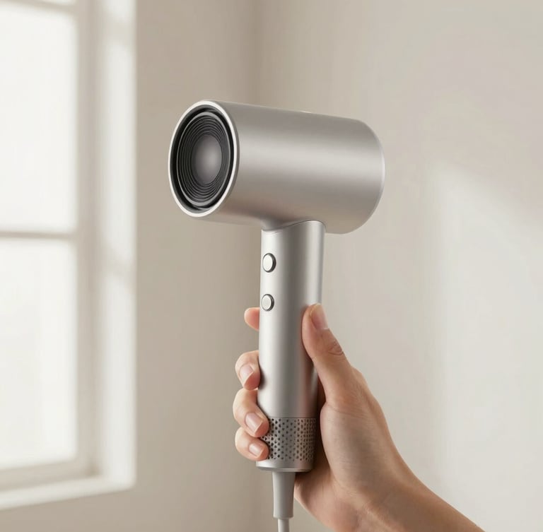 Sumei hair dryer held in hand, minimalist clean bathroom setting, soft diffused natural light, focus on the lightweight ergonomic design, 50mm lens