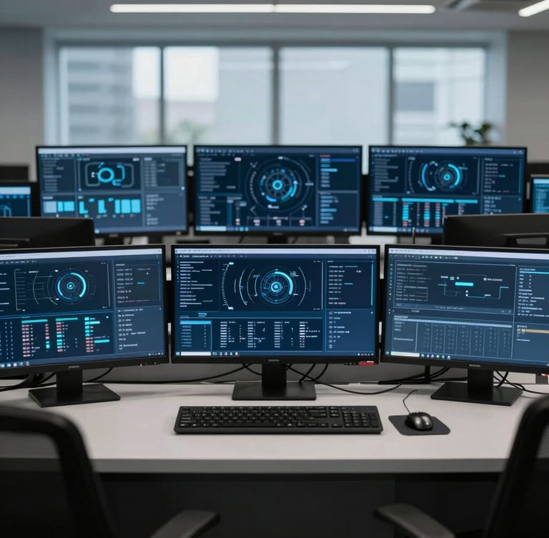 Clean overhead desk layout in a high-tech operations center in Mumbai, showcasing multiple monitors with data dashboards, cool diffused office daylight, sharp architectural focus, desaturated navy and charcoal tones, 35mm