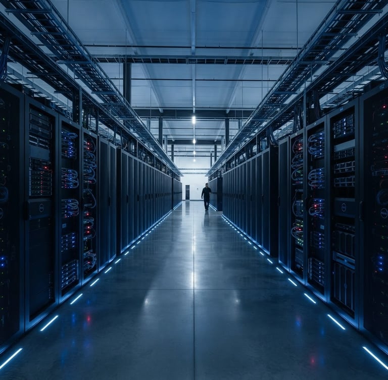 Wide architectural shot of a modern, high-security data center interior, cool blue ambient light, sharp focus, desaturated navy and charcoal tones, 35mm