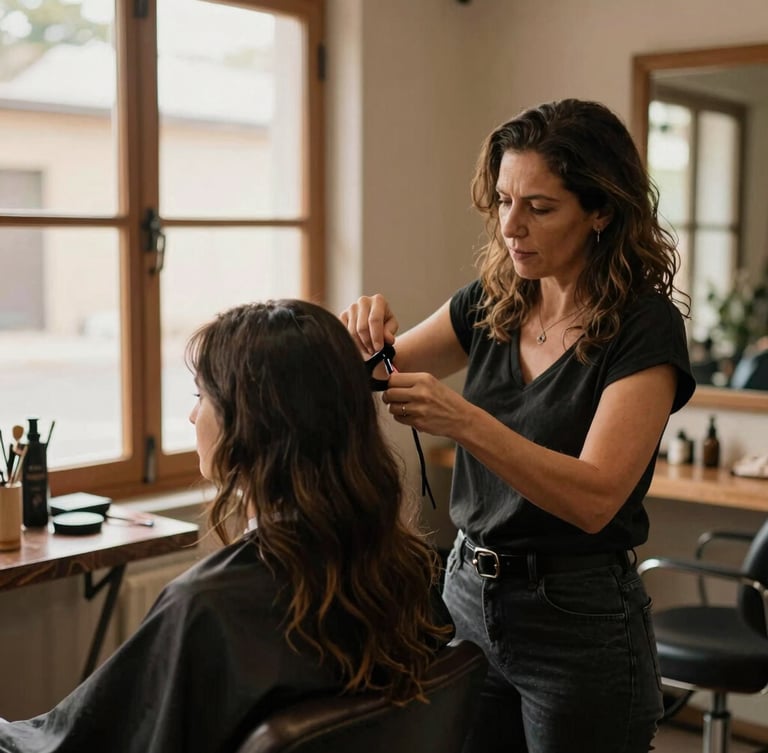 Liza, uma mulher brasileira de 40 anos, com expressão focada e gentil, trabalhando em seu salão de beleza. Ela está com uma cliente, suas mãos estão ativas em um penteado, com luz natural quente vindo de uma janela lateral. O ambiente é acolhedor e real, com tons terrosos.