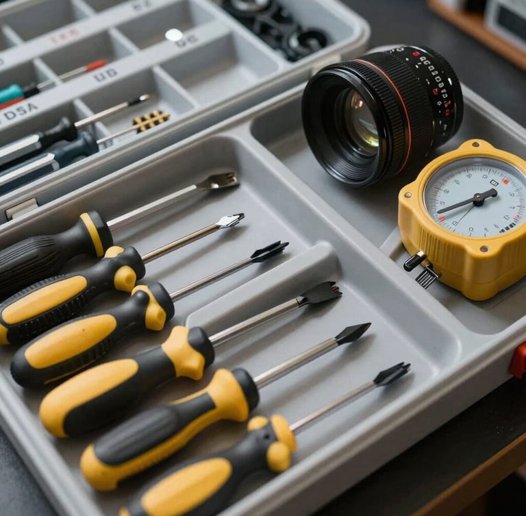 A clean, organized technician toolkit with labeled compartments, precision screwdrivers, and diagnostic meters on a dark surface