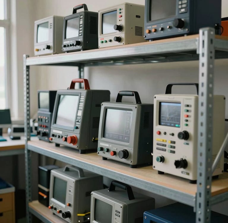 A clean, organized technical workshop in Al Nahyan Abu Dhabi, diagnostic equipment arranged neatly on metal shelves, natural indoor light