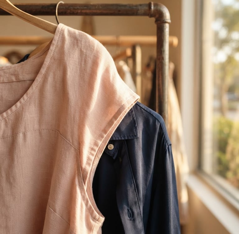 Warm editorial fashion photography, golden-hour natural light, close-up of high-quality linen and silk fabrics draped elegantly in a Tampa showroom, showing intricate stitching and rich texture, shallow depth of field, 35mm.
