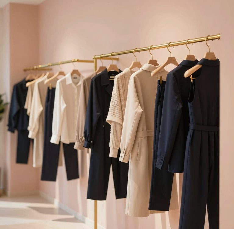 Minimalist boutique interior with soft blush walls, warm gold fixtures, and structured garments hanging on a brass rail under diffused daylight, warm editorial fashion photography, shallow depth of field, 35mm.