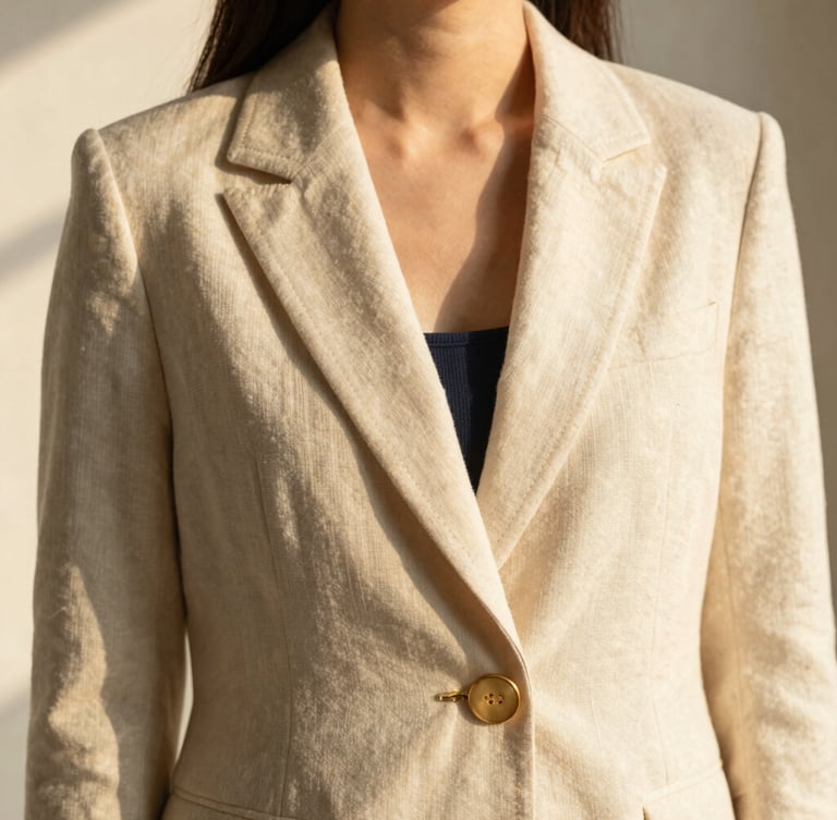 A close-up portrait of a woman wearing a tailored linen blazer in soft cream, warm golden-hour window light casting soft shadows, focus on the delicate stitching and gold button details