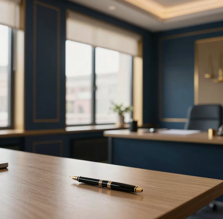 Modern law office interior with elegant architectural details, soft window daylight, a clean desk with a high-quality fountain pen, deep navy and muted gold tones, shallow depth of field, 35mm, wide shot showing a comfortable, professional environment.