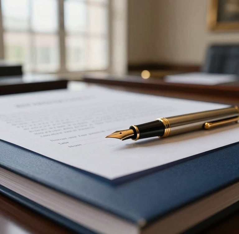 Close-up of a modern legal document with a golden fountain pen resting on it, soft window daylight, deep navy and muted gold tones, shallow depth of field, 35mm, elegant architectural details of a law office in the background.