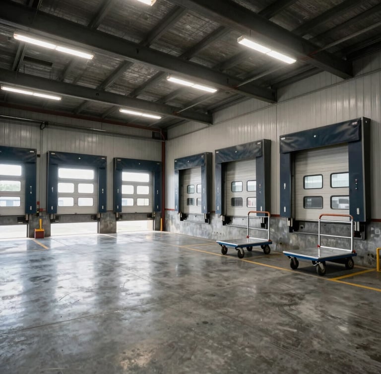 Wide-angle environmental shot of a commercial loading dock with steel rolling doors, bright fluorescent lighting reflecting on concrete floor, metal carts lined up.