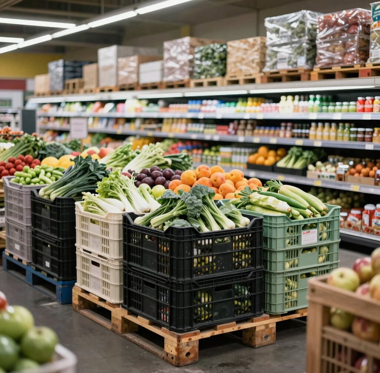 Cool, bright commercial daylight illuminating a high-volume grocery loading dock, systematic crates of fresh produce stacked on pallets, clinical and organized.