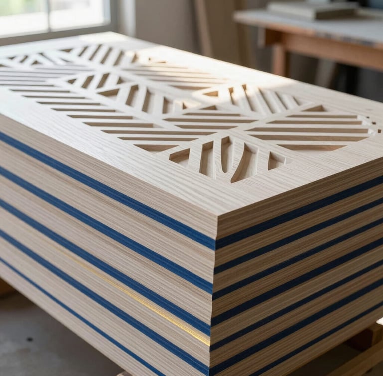 A stack of finished architectural white oak panels with intricate geometric CNC-routed patterns, resting in a bright Florida workshop, sunlight streaming through high windows, 35mm.