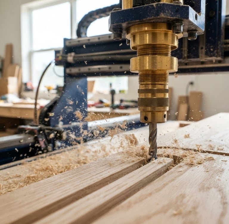 Macro close-up of a golden brass CNC router spindle cutting clean architectural white oak, bright natural workshop light, sharp focus on flying wood particles, 35mm