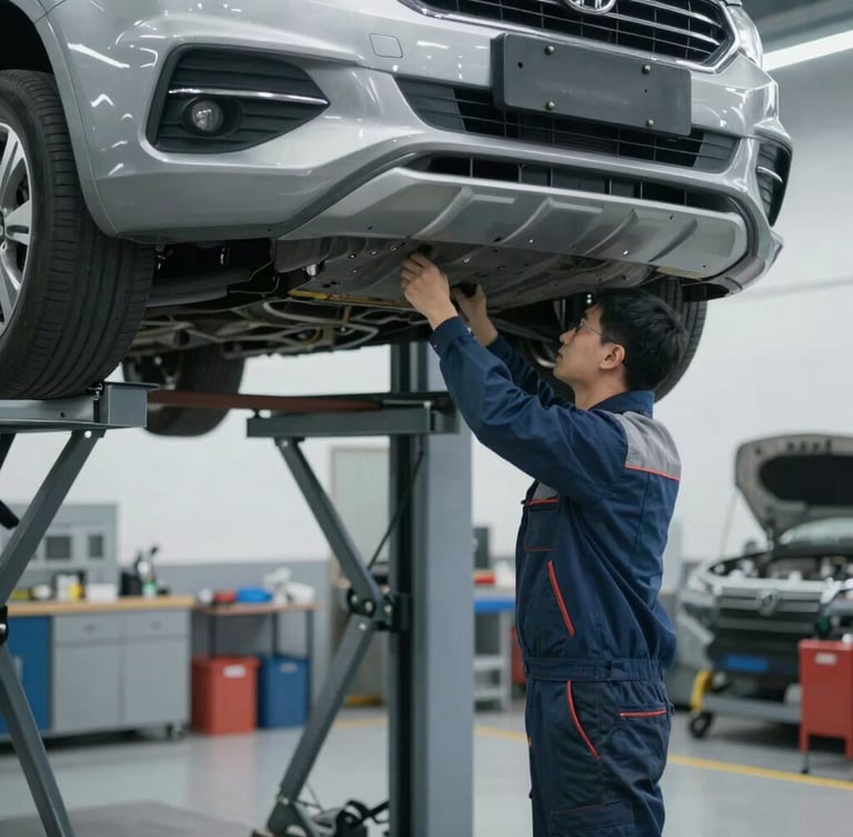 Professional mechanic in clean uniform inspecting a car chassis on a lift, tidy modern workshop, diffuse daylight, cool metallic tones